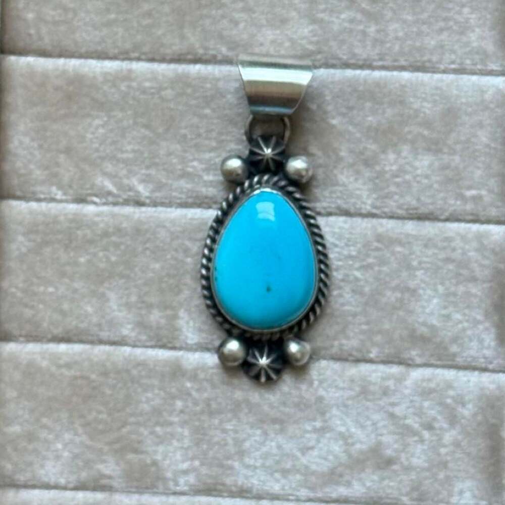 Marita Benally Navajo Sterling Silver Kingman Turquoise Teardrop Pendant